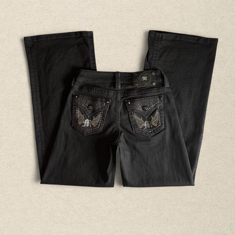 Miss Me Wide Leg Black Jeans 25 x 32 Bedazzled Angel Wings Y2K